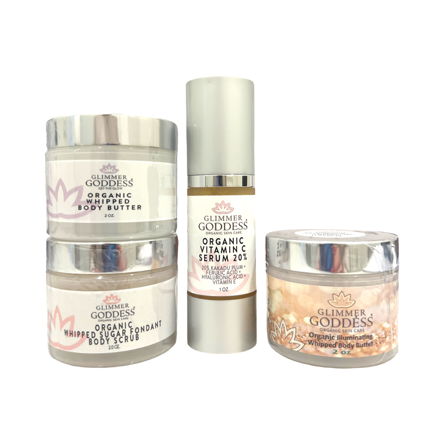 Glimmer Goddess Organic Skin Care Bridesmaid Glow Gift Set with radiant beauty essentials for bridal party and wedding day.