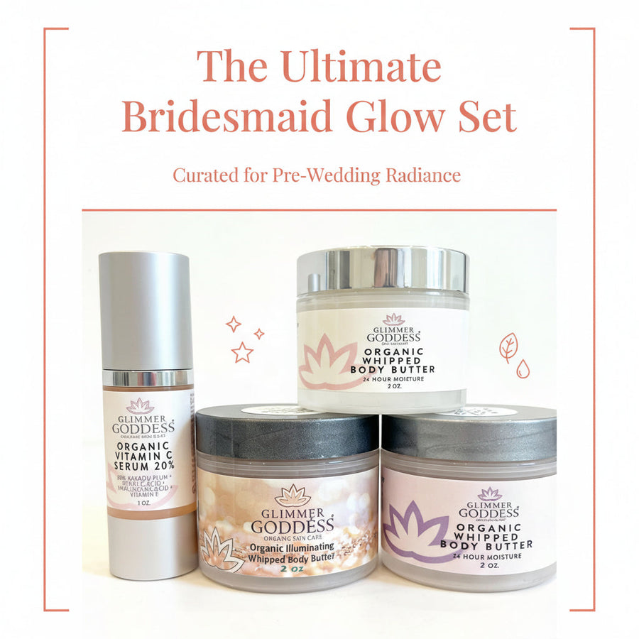 Glimmer Goddess® Organic Skin Care Bridesmaid Glow Gift Set featuring radiant beauty essentials for bridal party and wedding day.