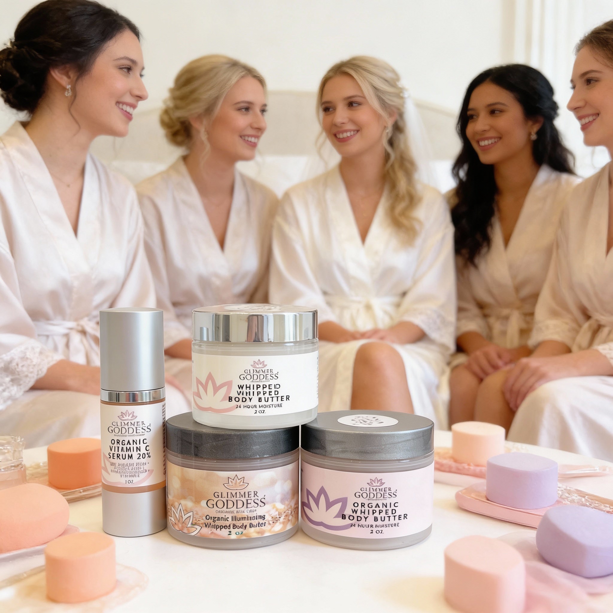 Glimmer Goddess Organic Skin Care Bridesmaid Glow Gift Set with radiant beauty essentials for bridal party and wedding day.