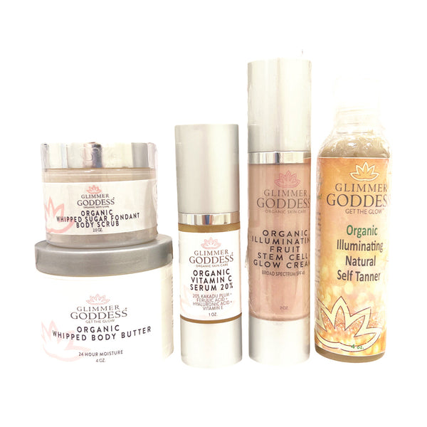 Glimmer Goddess Organic Bridal Glow Essentials Gift Set with skincare products for radiant wedding day skin.