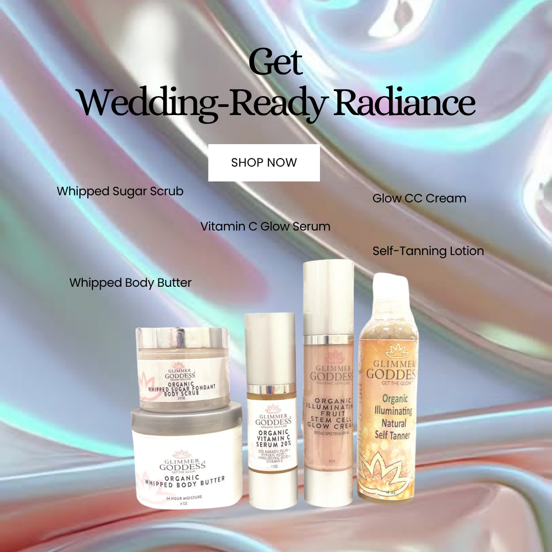 Organic Bridal Glow Essentials gift set by Glimmer Goddess® featuring skincare products for radiant wedding day skin.
