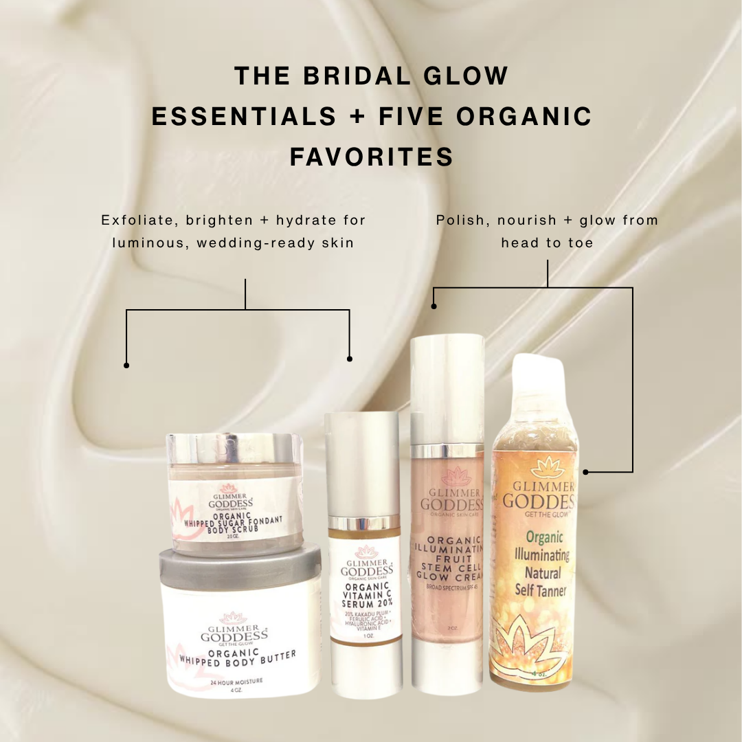 Glimmer Goddess Organic Bridal Glow Essentials gift set with skincare products for radiant wedding day skincare.