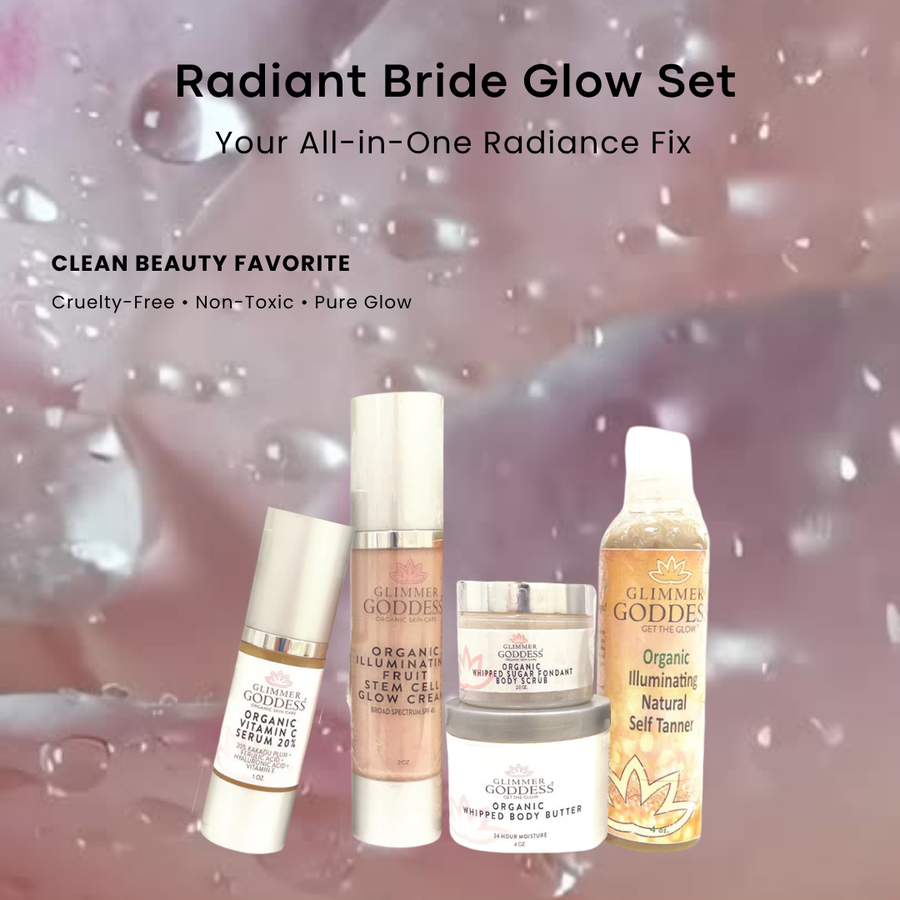 Glimmer Goddess Organic Skin Care Bridal Glow Essentials gift set with skincare products for radiant wedding day skin.