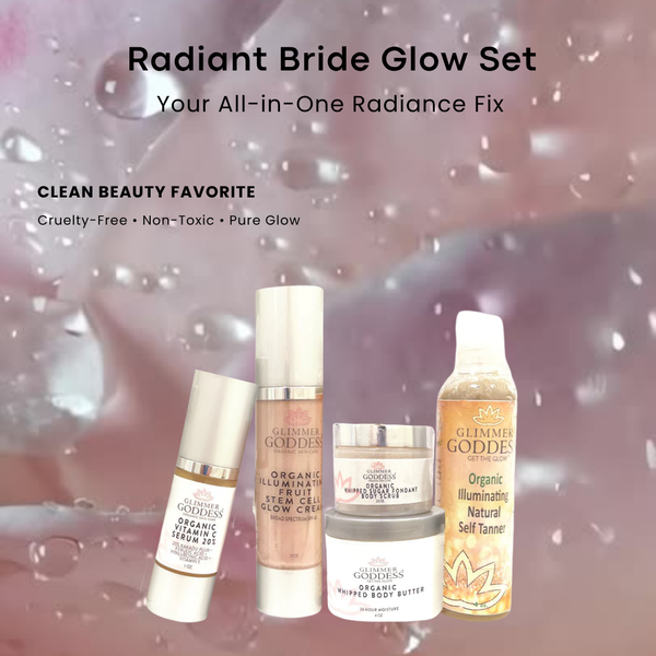 Glimmer Goddess Organic Skin Care Bridal Glow Essentials gift set with skincare products for radiant wedding day skin.