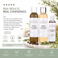 Glimmer Goddess Organic Caffeine Hair Growth System 3-step treatment kit for healthy hair care and growth.