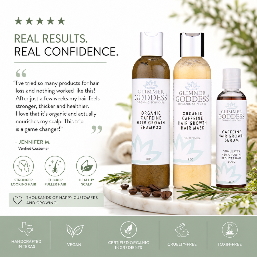 Glimmer Goddess Organic Caffeine Hair Growth System 3-step treatment kit for healthy hair care and growth.