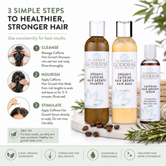 Organic Caffeine Hair Growth System 3-Step Treatment Set by Glimmer Goddess® Organic Skin Care, includes hair care products for healthy growth.