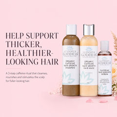 Organic Caffeine Hair Growth System 3-step treatment set by Glimmer Goddess® Organic Skin Care, for healthy hair growth and scalp care.