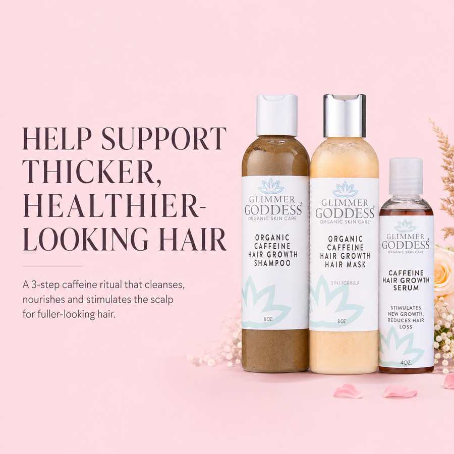 Organic Caffeine Hair Growth System 3-step treatment set by Glimmer Goddess® Organic Skin Care, for healthy hair growth and scalp care.