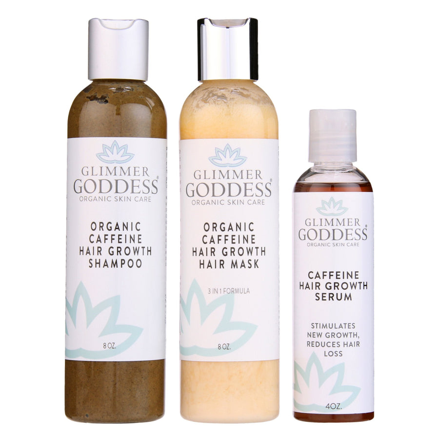 Organic Caffeine Hair Growth System 3-step treatment set by Glimmer Goddess® Organic Skin Care for hair care and growth.