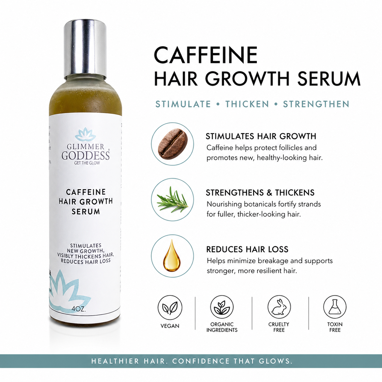 Organic Caffeine Hair Growth Serum by Glimmer Goddess® for scalp treatment and hair loss, promoting healthy hair growth.