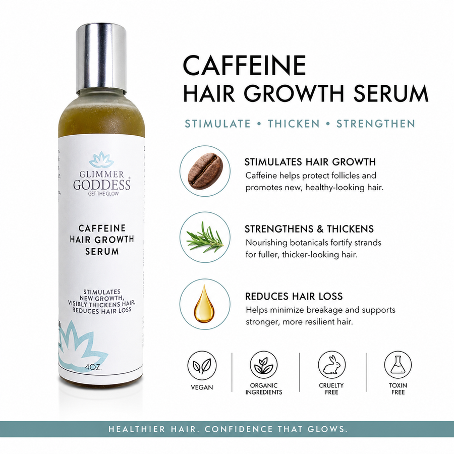 Organic Caffeine Hair Growth Serum by Glimmer Goddess® for scalp treatment and hair loss, promoting healthy hair growth.