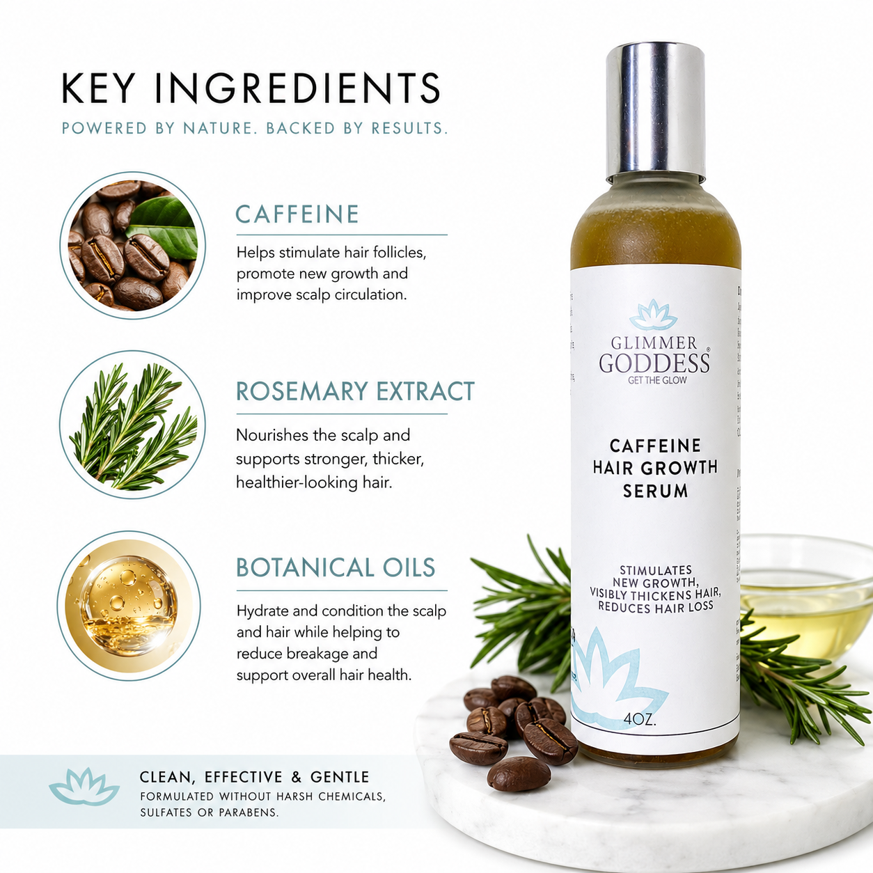 Organic Caffeine Hair Growth Serum from Glimmer Goddess® for scalp treatment and hair loss reduction, visible in the bottle and applicator.