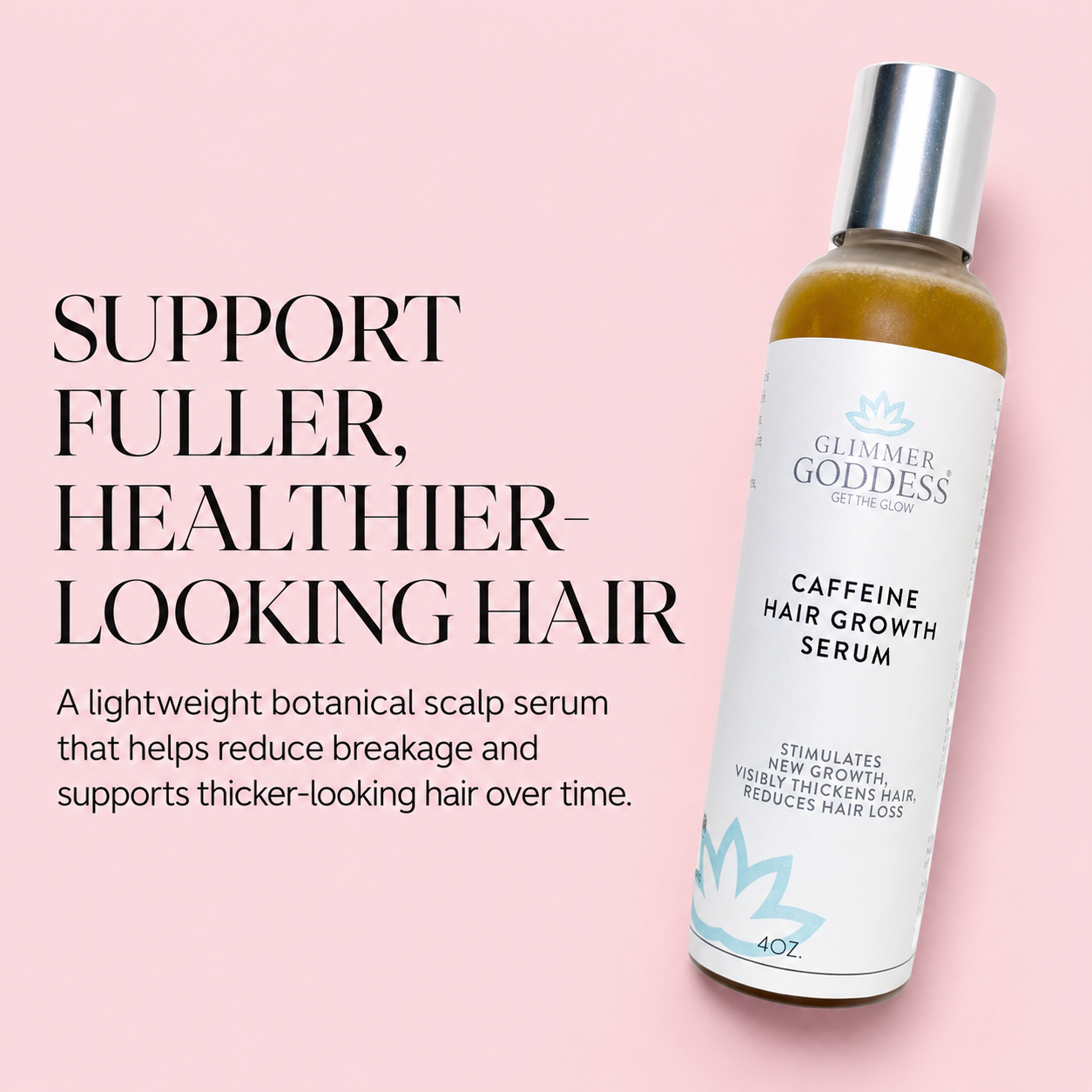 Organic Caffeine Hair Growth Serum by Glimmer Goddess® for scalp treatment and hair loss relief in a natural, nourishing formula.