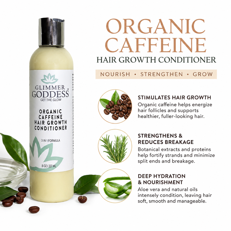 Organic Caffeine Hair Growth Mask by Glimmer Goddess®; deep conditioning hair mask in 8 oz jar for stronger, healthier hair.