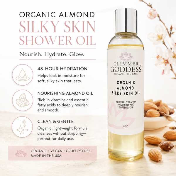 Organic Sweet Almond Silky Skin Oil from Glimmer Goddess® Organic Skin Care, a moisturizing lotion for 48-hour hydration.