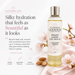 Organic Sweet Almond Silky Skin Oil moisturizer from Glimmer Goddess® Organic Skin Care, showing a sleek lotion bottle with almond accents.