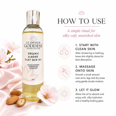 Organic Sweet Almond Silky Skin Oil by Glimmer Goddess, moisturizing lotion with 48-hour hydration for smooth, nourished skin.