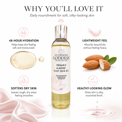 Organic Sweet Almond Silky Skin Oil moisturizer by Glimmer Goddess® Organic Skin Care, featuring a sleek bottle with almond oil.