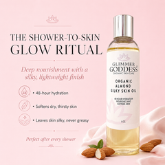 Organic Sweet Almond Silky Skin Oil from Glimmer Goddess® Organic Skin Care, a moisturizing lotion for 48-hour hydration.
