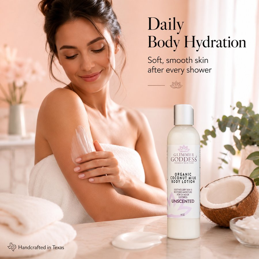 Glimmer Goddess Organic Coconut Milk Body Lotion in 8 oz fragrance-free bottle, ultra-hydrating lotion for smooth skin.