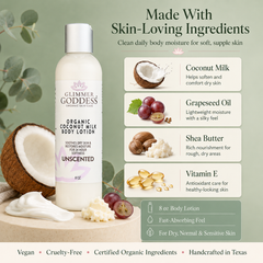 Glimmer Goddess Organic Coconut Milk Body Lotion in 8 oz fragrance-free bottle, ultra-hydrating lotion with creamy coconut texture