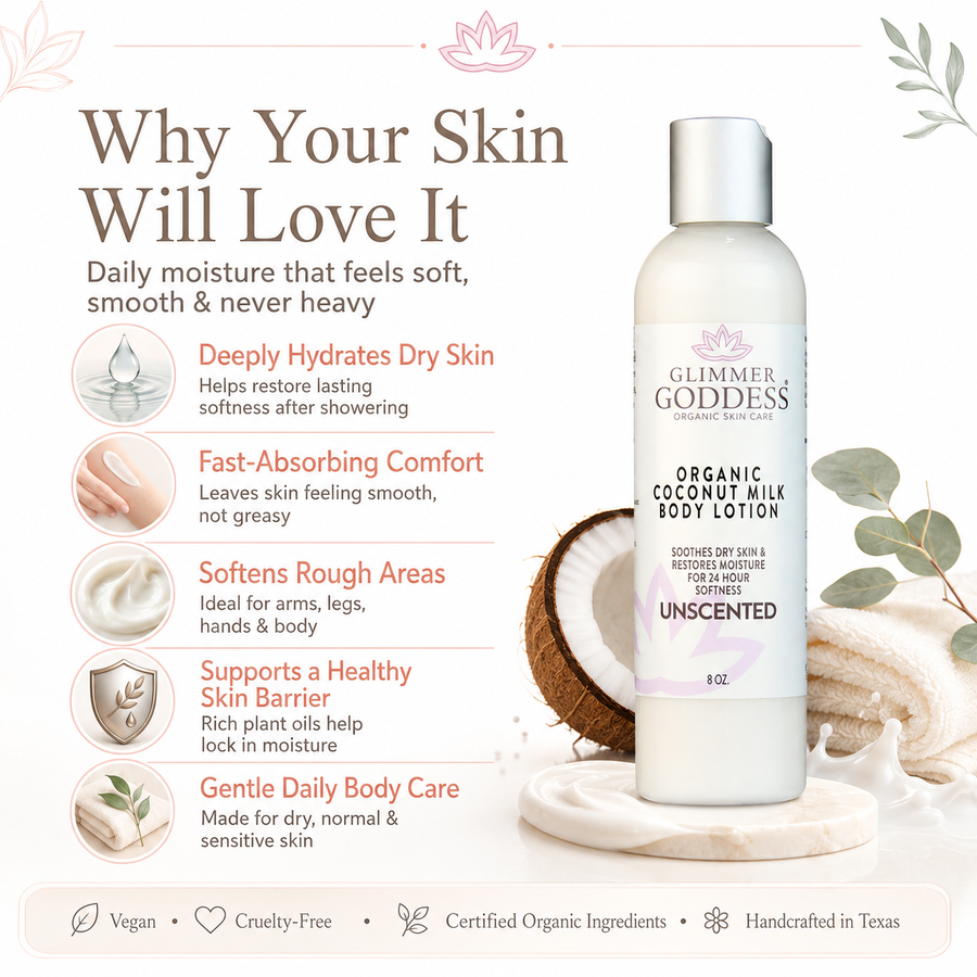 Glimmer Goddess Organic Coconut Milk Body Lotion in 8 oz bottle, fragrance-free, ultra-hydrating lotion for smooth skin
