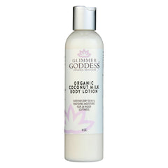 Glimmer Goddess Organic Coconut Milk Body Lotion in 8 oz fragrance-free bottle, ultra-hydrating lotion for smooth skin