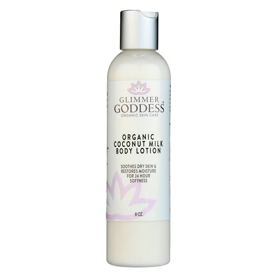 Glimmer Goddess Organic Coconut Milk Body Lotion in 8 oz fragrance-free bottle, ultra-hydrating lotion for smooth skin