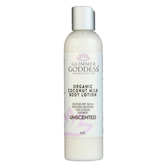 Organic Coconut Milk Body Lotion by Glimmer Goddess® Organic Skin Care, ultra-hydrating lotion in an 8 oz fragrance-free bottle.