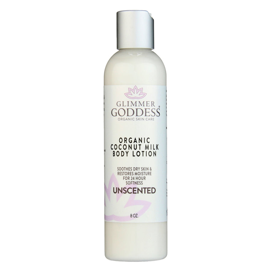 Organic Coconut Milk Body Lotion by Glimmer Goddess® Organic Skin Care, ultra-hydrating lotion in an 8 oz fragrance-free bottle.