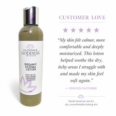 Glimmer Goddess Organic Eczema Lotion in 8 oz bottle, soothing relief and skin healing for sensitive skin with natural ingredients