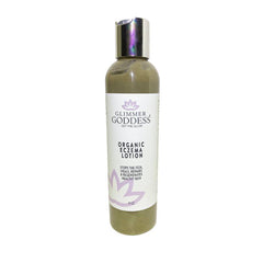 Glimmer Goddess Organic Eczema Lotion in 8 oz bottle, soothing relief and skin healing for sensitive skin, natural skincare product