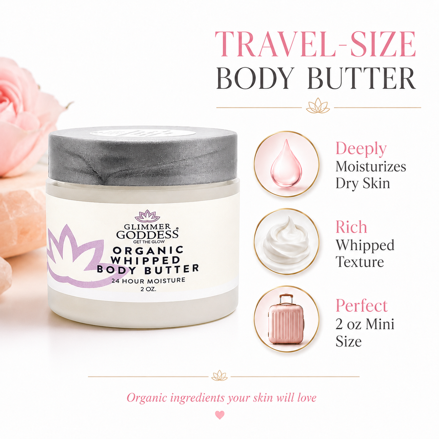 Organic whipped body butter by Glimmer Goddess in 2 oz mini jar, perfect for dry skin and eczema relief, with autumn breeze scent.