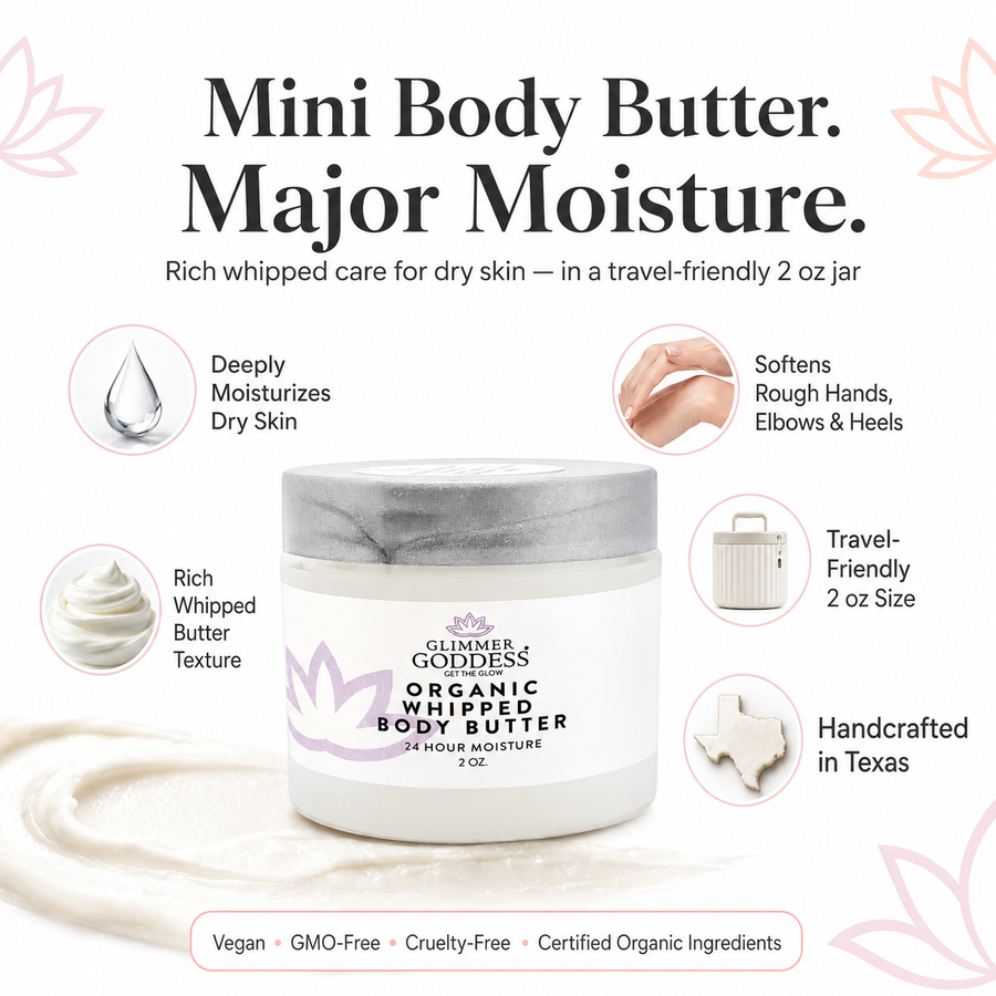 Organic whipped body butter by Glimmer Goddess in 2 oz mini size, creamy texture for dry skin and eczema relief.
