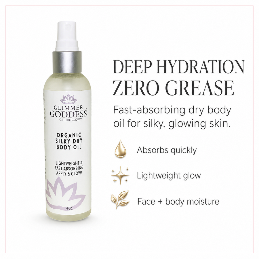Organic Silky Dry Body Oil by Glimmer Goddess Organic Skin Care, bottle of fast-absorbing body oil with a sleek design.