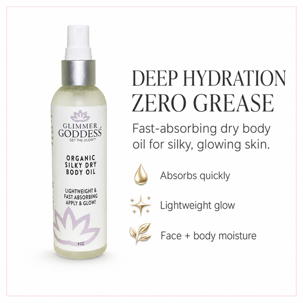 Organic Silky Dry Body Oil by Glimmer Goddess Organic Skin Care, bottle of fast-absorbing body oil with a sleek design.