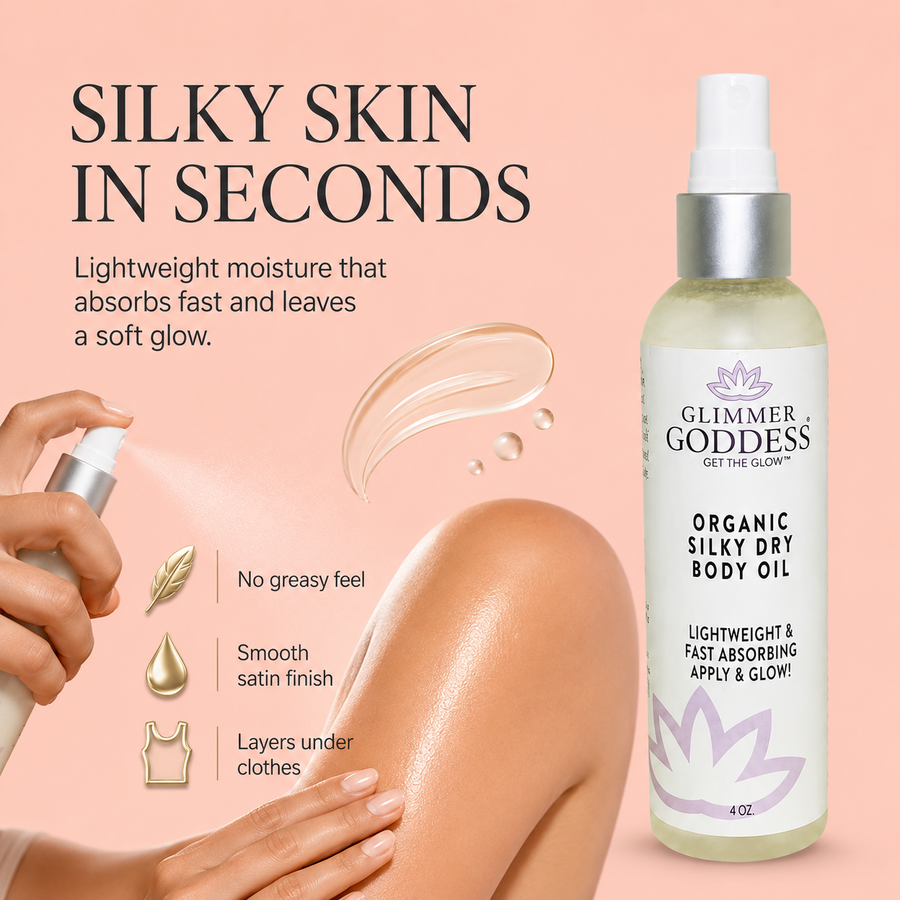 Organic Silky Dry Body Oil by Glimmer Goddess, fast-absorbing lotion with lightweight, nourishing formula for smooth skin.
