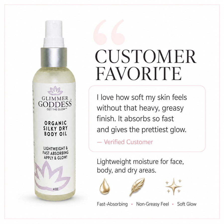 Organic Silky Dry Body Oil from Glimmer Goddess® Organic Skin Care, featuring a sleek bottle with the oil's smooth, fast-absorbing formula.
