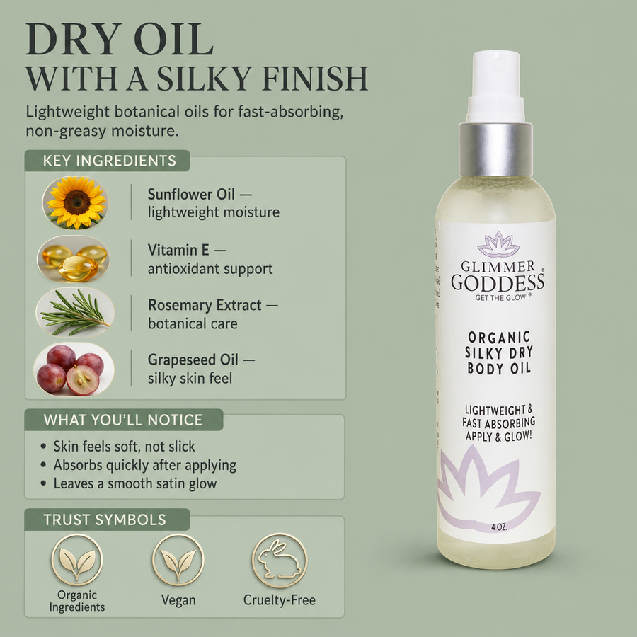 Glimmer Goddess Organic Silky Dry Body Oil, fast-absorbing lotion for smooth, hydrated skin in a sleek bottle.