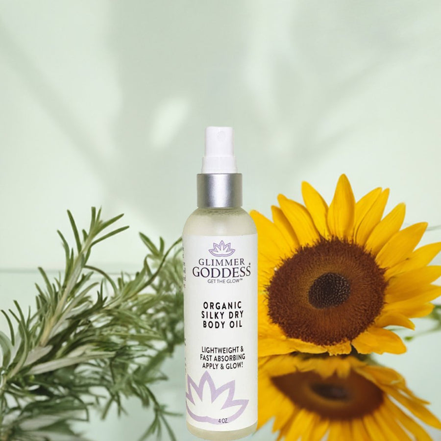 Organic Silky Dry Body Oil by Glimmer Goddess, a fast-absorbing lotion with a silky texture for smooth, hydrated skin.