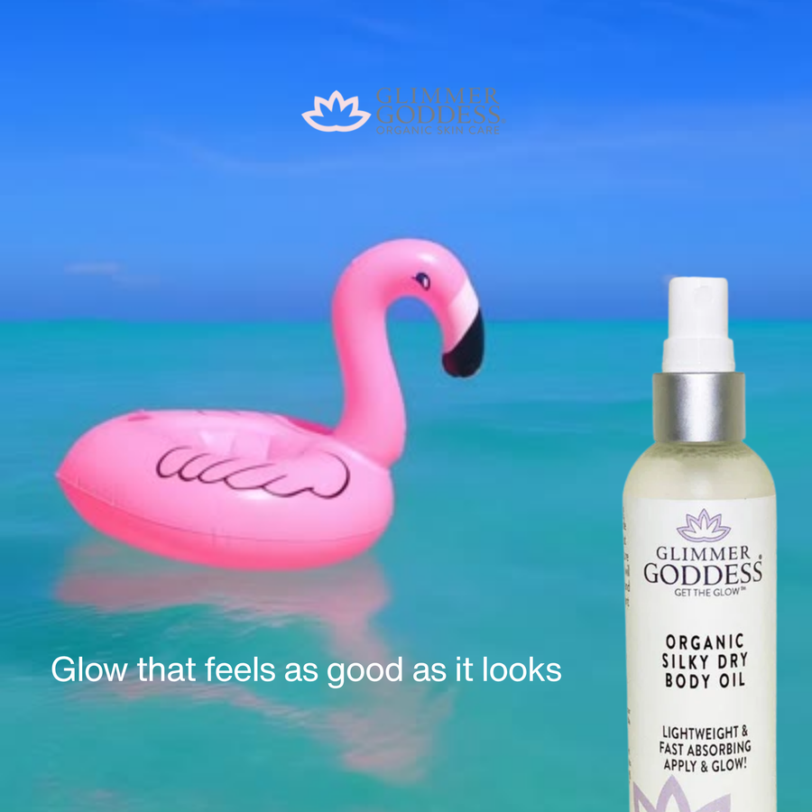 Organic Silky Dry Body Oil by Glimmer Goddess® Organic Skin Care, showing a sleek bottle of fast-absorbing body oil lotion.