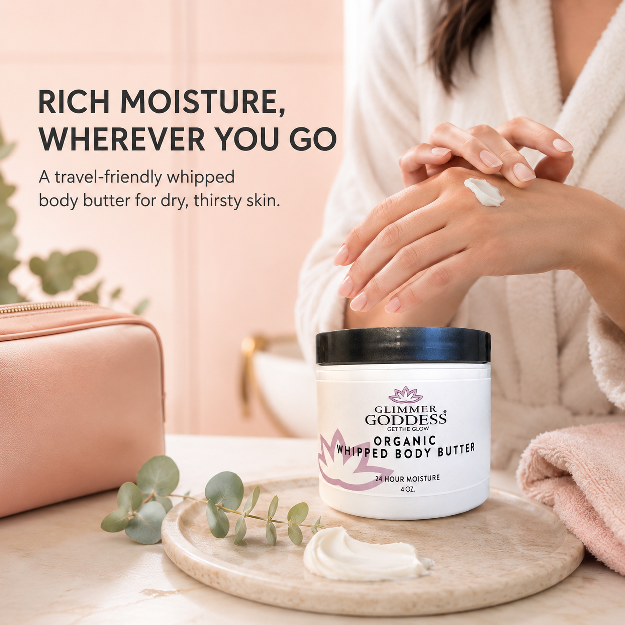 Travel size Glimmer Goddess Organic Whipped Body Butter in lavender lemon scent, creamy and smooth, 4 oz lotion for nourishing skin.