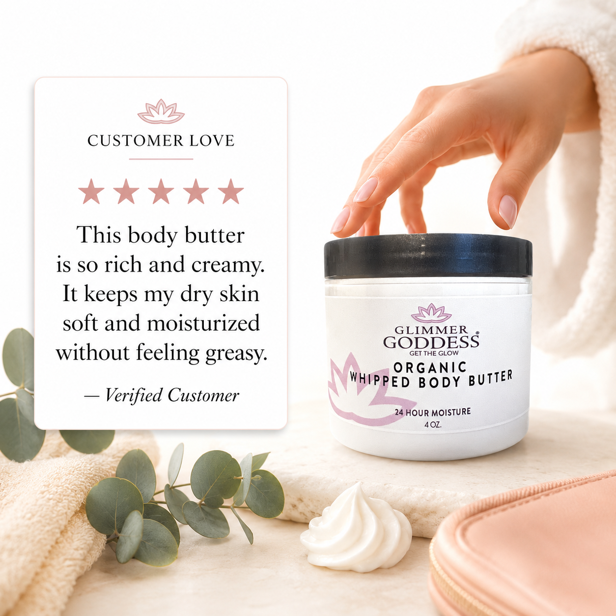 Organic whipped body butter by Glimmer Goddess® in lavender lemon scent, 4 oz travel size, creamy lotion for nourishing skin.