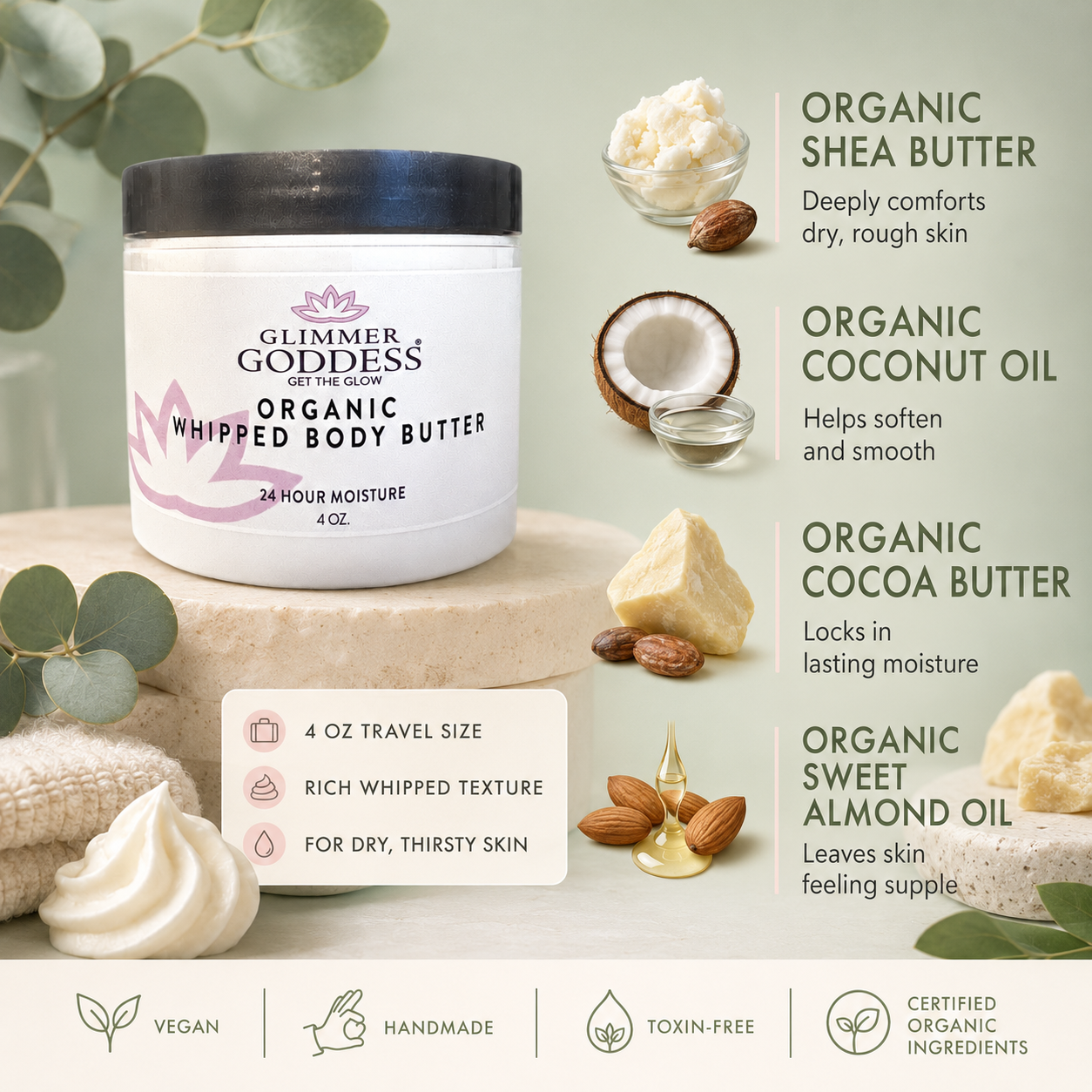 Glimmer Goddess Organic Whipped Body Butter in 4 oz travel size, lavender and lemon scented lotion with creamy texture