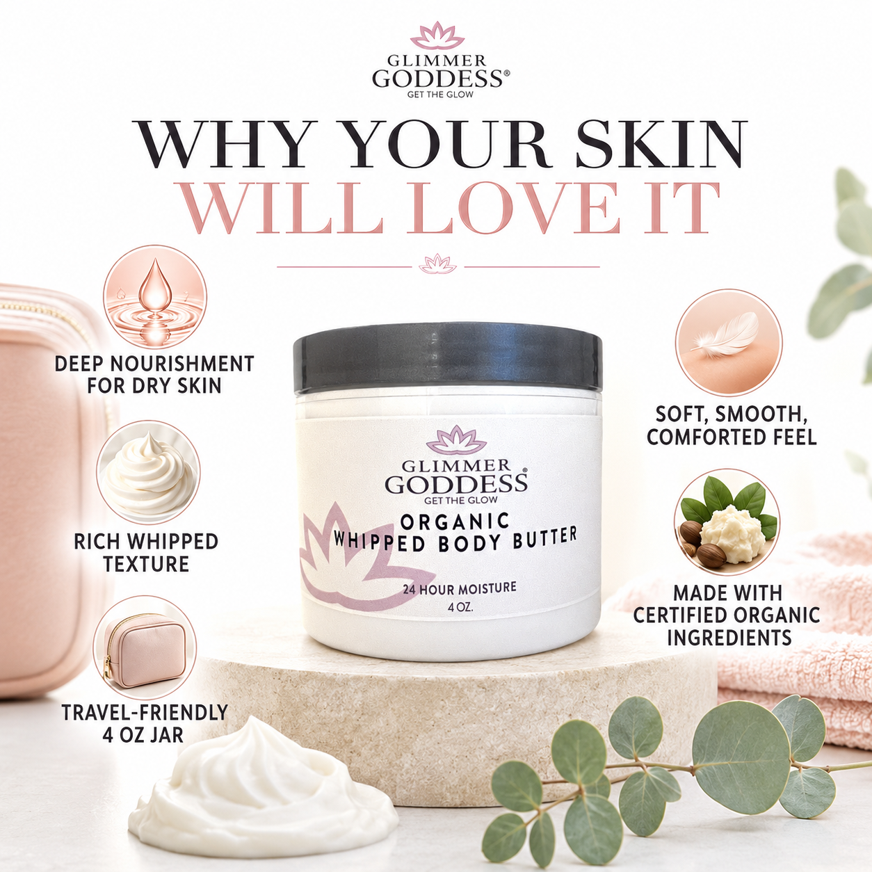 Travel size Glimmer Goddess Organic Whipped Body Butter jar with lavender and lemon scent, creamy texture, and natural ingredients.