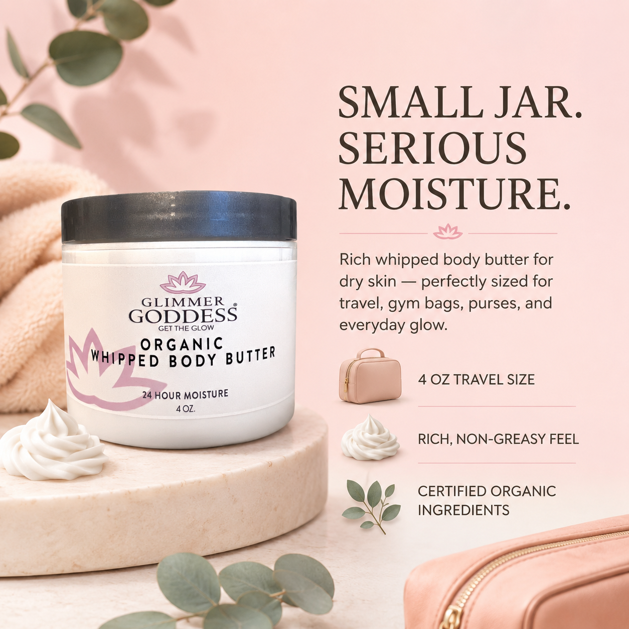 Organic whipped body butter by Glimmer Goddess in 4 oz travel size, featuring lavender and lemon scents, in a smooth cream texture.
