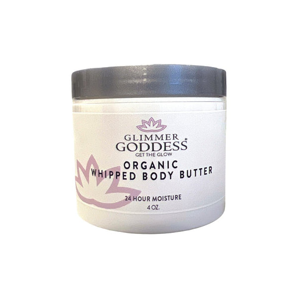 Travel-size Glimmer Goddess Organic Whipped Body Butter jar with lavender and lemon scent, creamy and rich in texture.