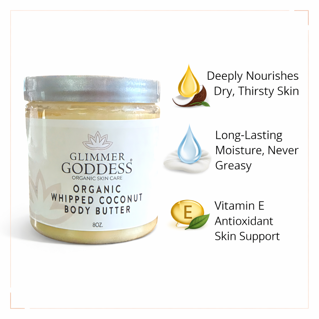 Organic whipped coconut and vitamin E body butter from Glimmer Goddess® Organic Skin Care, featuring lemon and lavender scent.