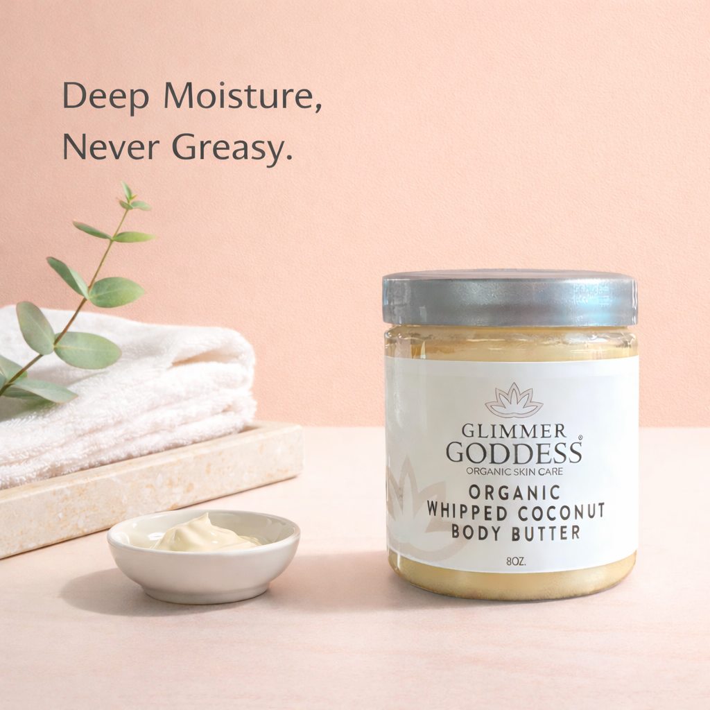 Organic whipped coconut and vitamin E body butter from Glimmer Goddess® Organic Skin Care, featuring lemon and lavender scents.